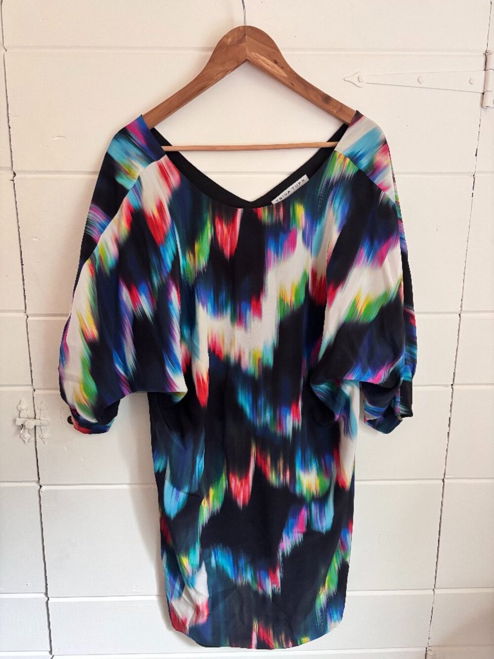 Trina Turk Silk Blend Ikat Print Shift Dress | Multicolor | Dolman Sleeve